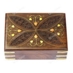 Woodino Shisham Carving and Brass Four Leaves Design Wooden Box or Vanity Box