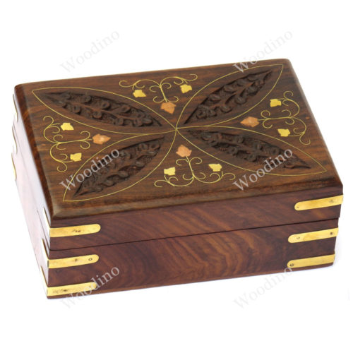Woodino Shisham Carving and Brass Four Leaves Design Wooden Box or Vanity Box