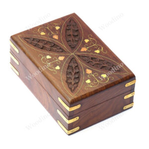 Woodino Shisham Carving and Brass Four Leaves Design Wooden Box or Vanity Box