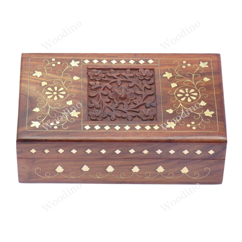 Woodino Shisham Carving and Brass Premium Quality Best Design Wooden Box or Vanity Box (8x5 inch)