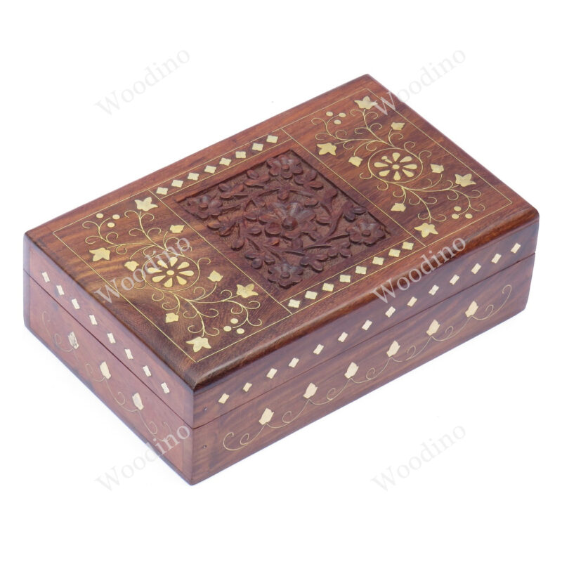 Woodino Shisham Carving and Brass Premium Quality Best Design Wooden Box or Vanity Box (8x5 inch)