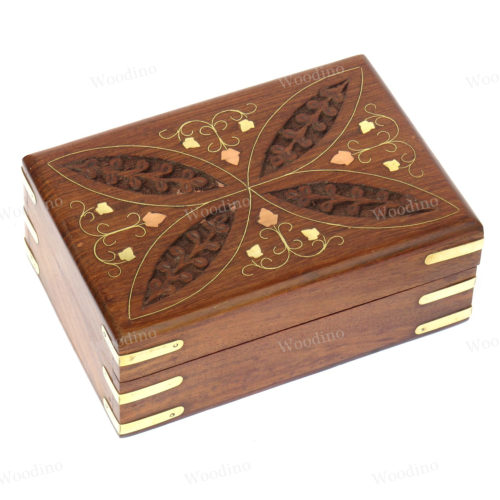 Woodino Shisham Carving and Brass Premium Quality Leaves Design Wooden Box or Vanity Box (6X4 inch)