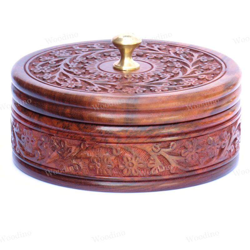 Woodino Hand Carved Premium Quality Round Spice Box Cum Jewellery Box