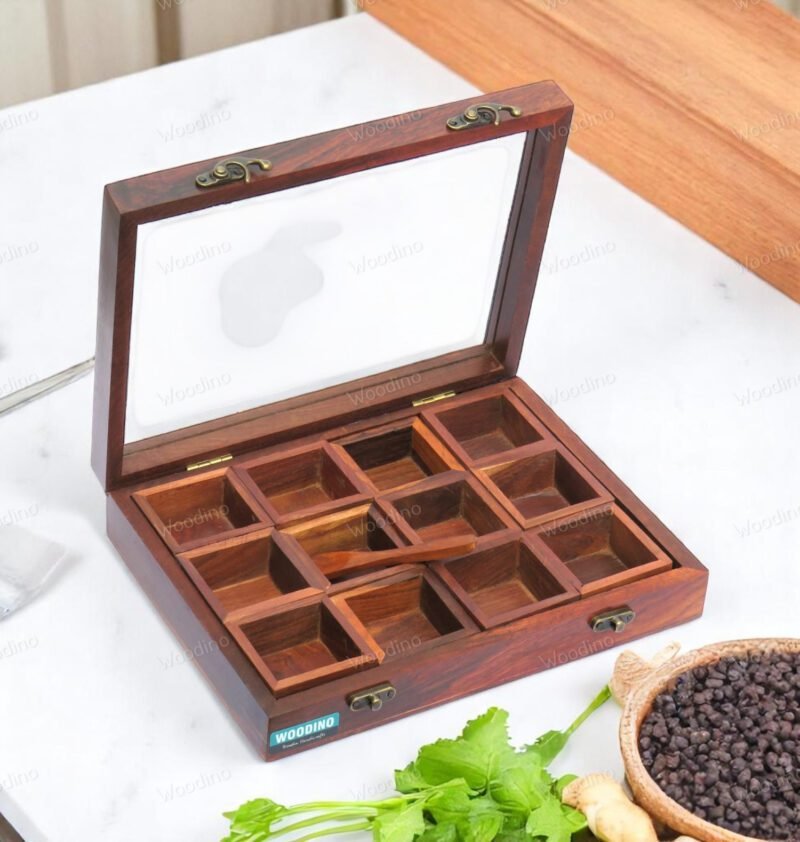 Woodino 12 Removable Compartment Spice Box Top Glass Lid With Spoon