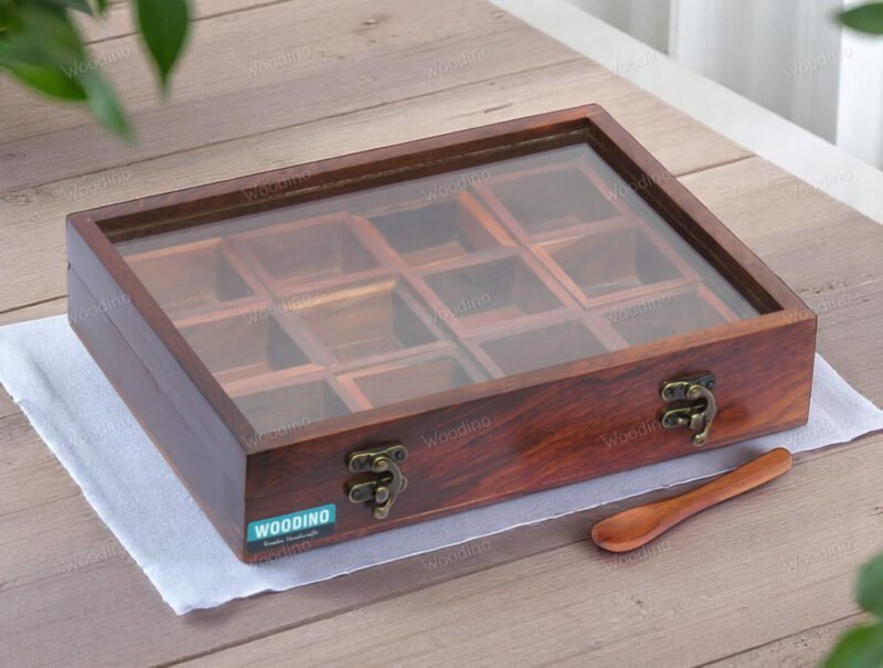 Woodino 12 Removable Compartment Spice Box Top Glass Lid With Spoon