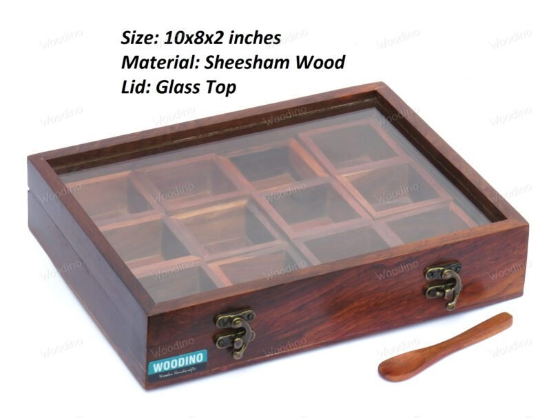 Woodino 12 Removable Compartment Spice Box Top Glass Lid With Spoon