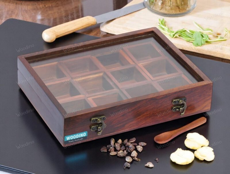 Woodino 12 Removable Compartment Spice Box Top Glass Lid With Spoon