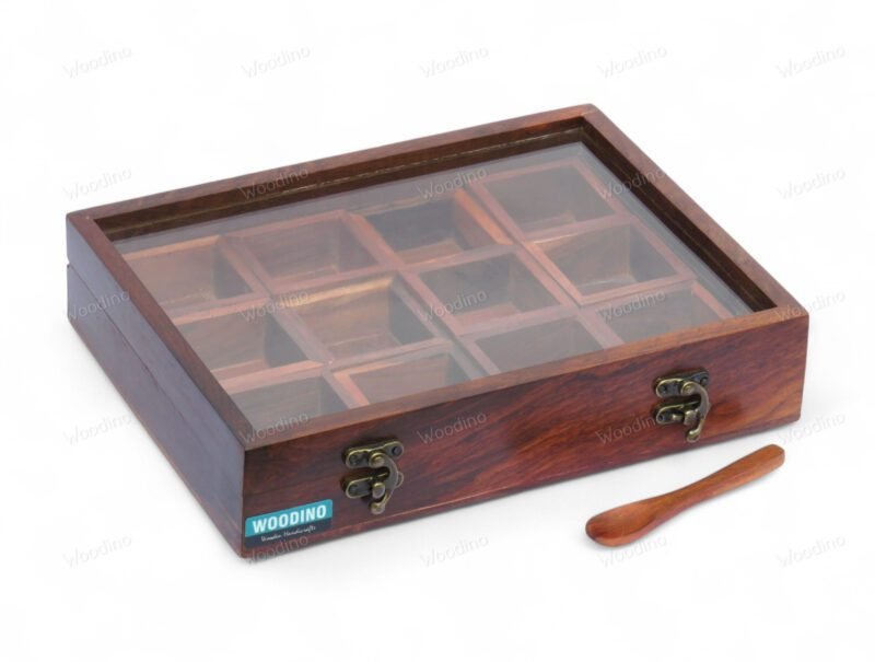 Woodino 12 Removable Compartment Spice Box Top Glass Lid With Spoon