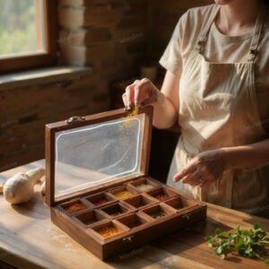 Woodino 12 Removable Compartment Spice Box Top Glass Lid With Spoon