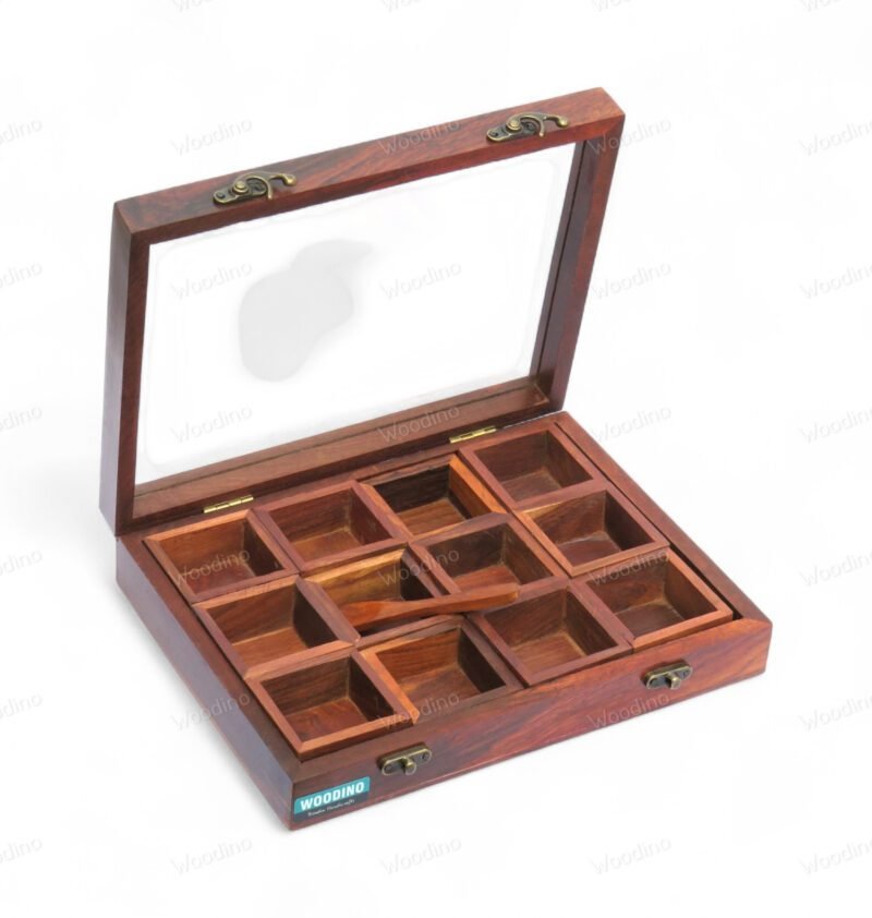 Woodino 12 Removable Compartment Spice Box Top Glass Lid With Spoon
