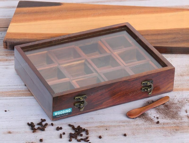 Woodino 12 Removable Compartment Spice Box Top Glass Lid With Spoon