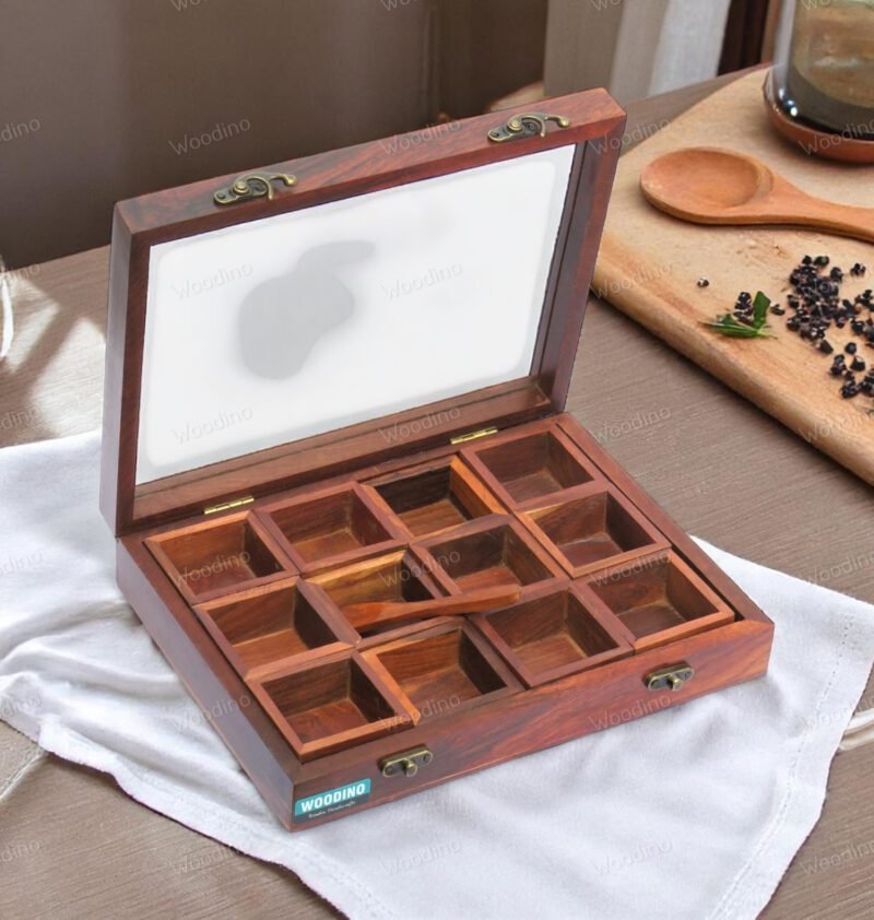 Woodino 12 Removable Compartment Spice Box Top Glass Lid With Spoon