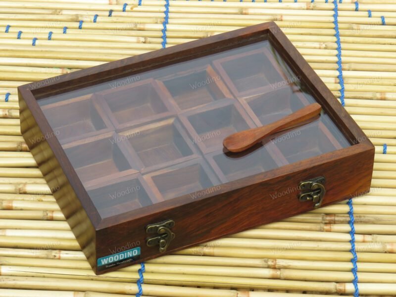 Woodino 12 Removable Compartment Spice Box Top Glass Lid With Spoon