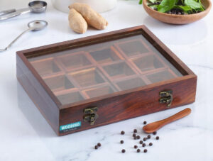 Woodino 12 Removable Compartment Spice Box Top Glass Lid With Spoon
