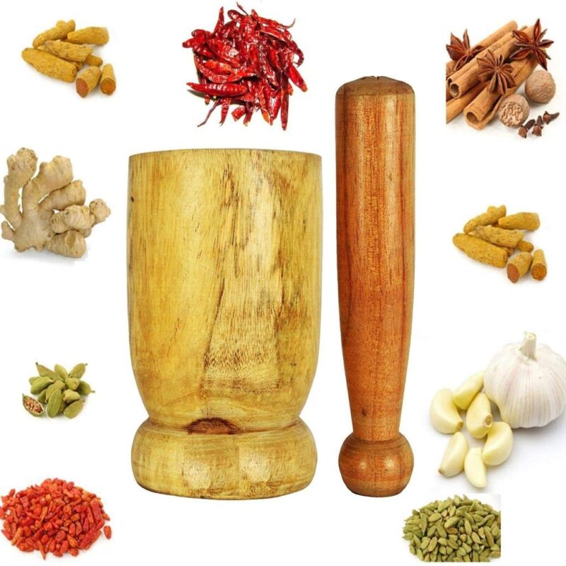 Woodino Okhli Grinder Kharal Khalbatta Spice Mortar Pestle Wood Masher Size 6 inches