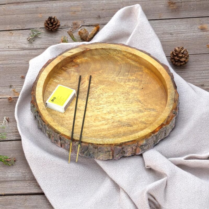 Woodino 10 Inch Round Mango Wood Serving Platter with Natural Bark | Bakkal Tray for Snacks, Pizza, Roti, Biscuits & Fruits | Rustic Logs Design | Eco-Friendly Wooden Tray for Serving & Photoshoots | Chhal Platter