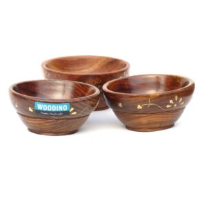 Woodino Sheesham Wood Bowl - Brass work Serving Bowls Soup Bowl - Set of 3 - Chatni/Souce Bowl