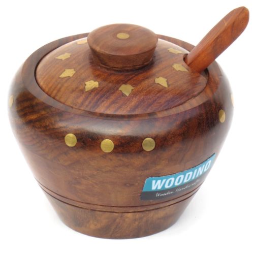 Woodino Handi- Wooden Serving Jar with Brass Work outside- Sheesham Wood Jar