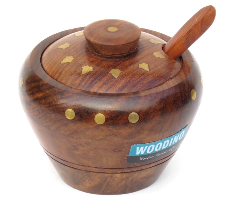 Woodino Handi- Wooden Serving Jar with Brass Work outside- Sheesham Wood Jar