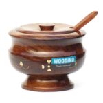 Woodino Handcrafted Brass Work Shisham Wood Spice/Dryfruits Jar with Spoon