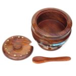 Woodino Handcrafted Brass Work Shisham Wood Spice/Dryfruits Jar with Spoon