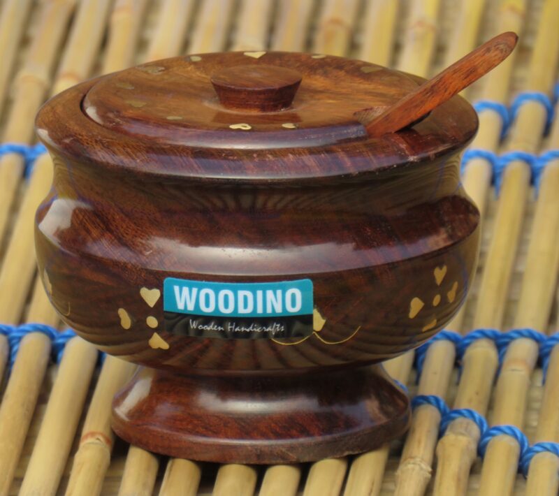 Woodino Handcrafted Brass Work Shisham Wood Spice/Dryfruits Jar with Spoon
