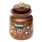 Wooden Container with Brass Work Outside, Sheesham Wood Jar for Storing Dry Fruits, Spices