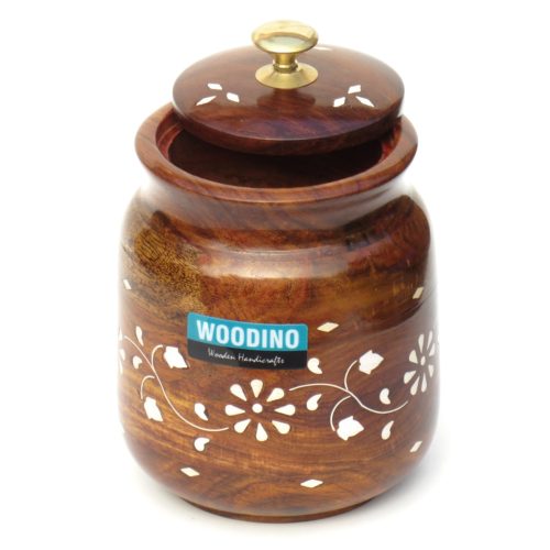 Wooden Container with Brass Work Outside, Sheesham Wood Jar for Storing Dry Fruits, Spices