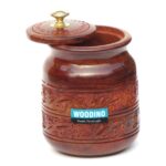 Wooden Container with Hand Carved Work Outside, Sheesham Wood Jar for Storing Dry Fruits, Spices