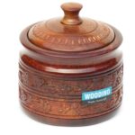 Wooden Container with Hand Carved Work Outside, Sheesham Wood Jar for Storing Dry Fruits, Spices