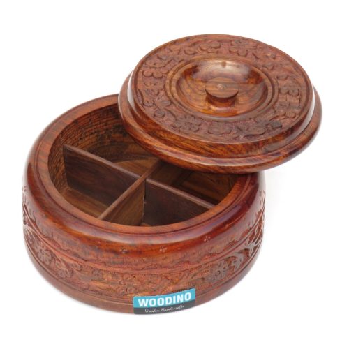 Wooden Container with Hand Carved Work Outside, Sheesham Wood Container with 4 Compartments