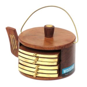 "Wooden Kettle Shape Tea Coaster, Sheesham Wood Stylish Tea Coaster, Set of 6 Size (3.75x2.5 Inches)"