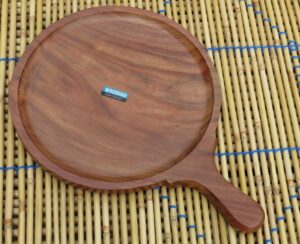 Wooden Circular Platter/Bat with handle, Sheesham Wood Platter to serve Pizza(17x12x1 Inches)