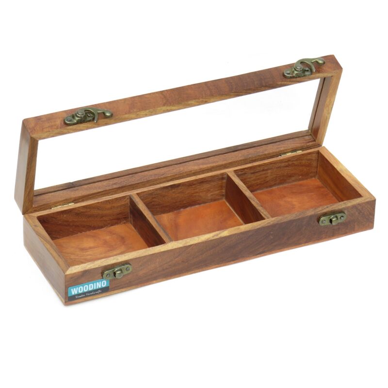 Wooden Spice Storage Box, Dry Fruits Sheesham Wood Box with Glass Lid, 3 Compartment Box