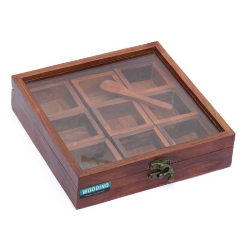 Woodino Sheesham Wood Spice Box, Dry Fruits Storage Box