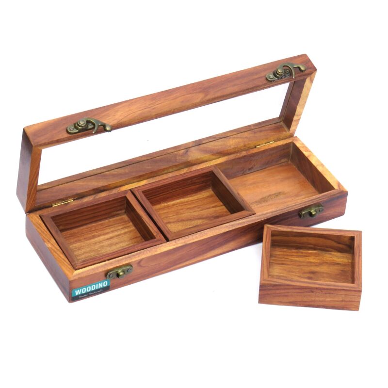 Woodino Sheesham Wood Spice Storage Box II Dry Fruits Box II 3 Compartments II Dimensions 12x4x2 Inches