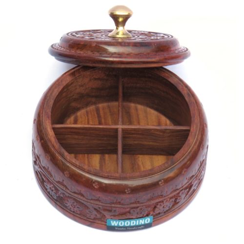 Woodino Round Storage Box II 4 Compartments II Detachable Lid