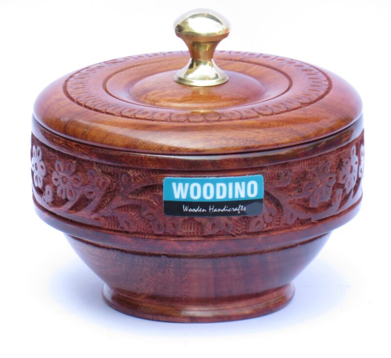 Woodino Round Storage Box II Sheesham Wood Hand Carved Box