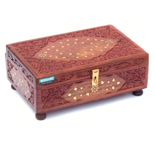 Woodino Jewellery Box II Sheesham Wood Hand carved Jewels Box with flower design at all sides