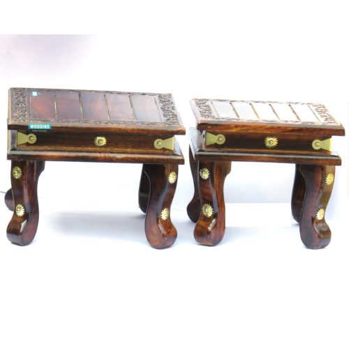 Woodino Mango Wood Table - Hand Carved and flower designs at the top - set of 2