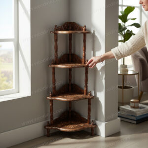 Woodino Sheesham Wood 4-Shelf Folding Corner Stand / Shelf Rack (48 Inch Height, 24 Inch Width) – Brass Inlay Jaali Work with Premium PU Polish