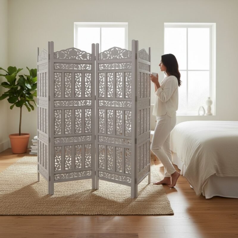 lifestyle-shot-a1568193-e63c-4bac-8a6c-f7a86be0505e Woodino Handcrafted Wooden Partition Room Divider Screen - Stylish Home Decor For The Living Room (White)
