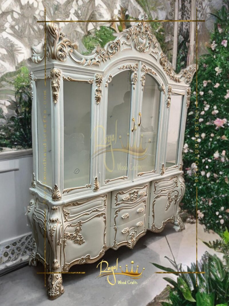 Premium Hand-Carved Teak Wood Crockery Cabinet with Deco Paint & Golden Touch – Elegant Crockery Showcase for Dining Room