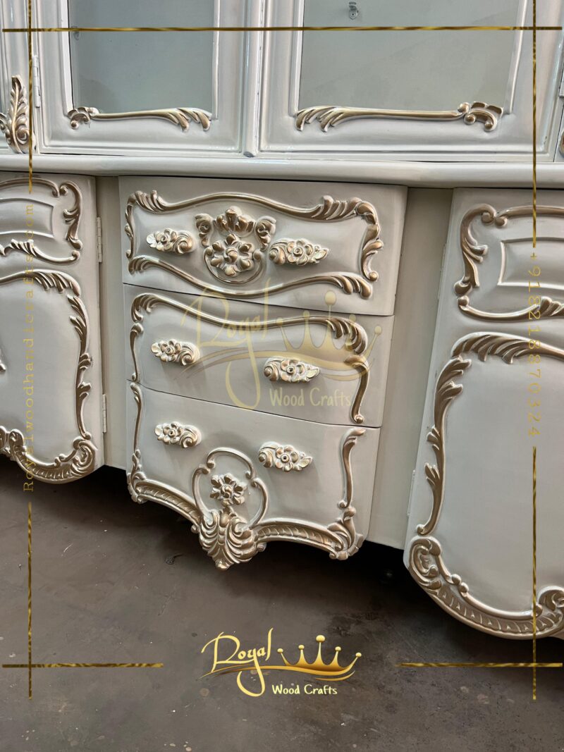 Premium Hand-Carved Teak Wood Crockery Cabinet with Deco Paint & Golden Touch – Elegant Crockery Showcase for Dining Room
