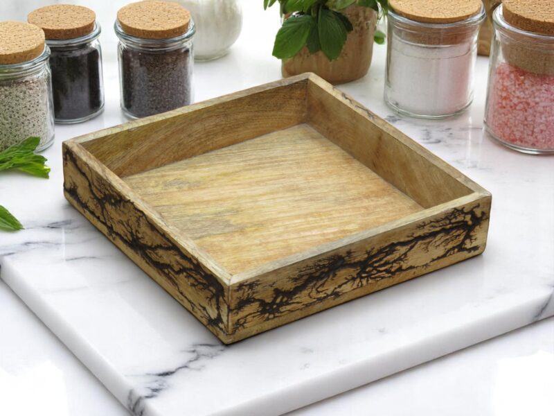 Woodino Mango Wood Serving Tray with Fractal Pattern, Handcrafted Decorative Wooden Tray for Serving, Home Décor, Restaurants & Photoshoots | Artistic Wood Fracking Design | Natural Finish