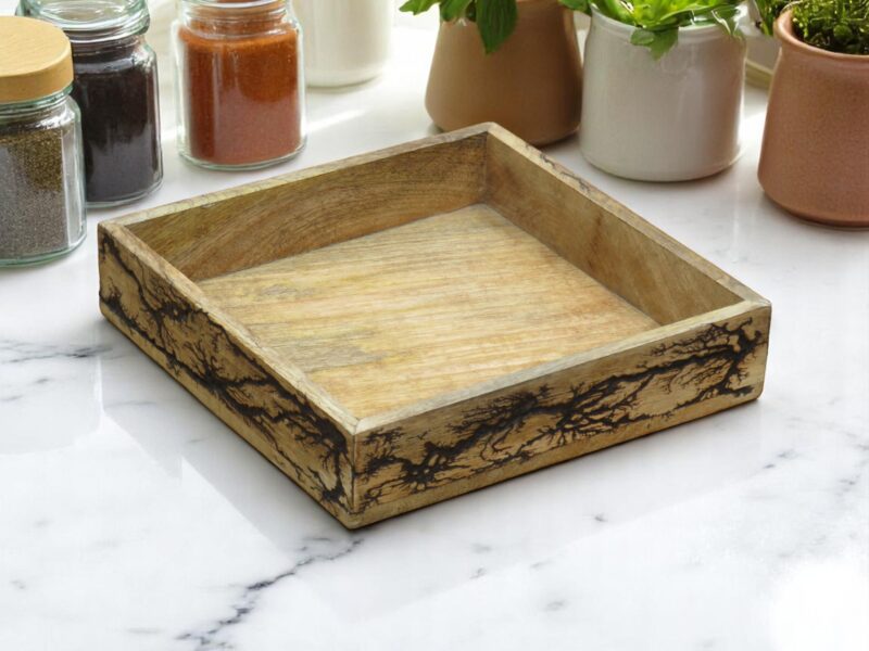 Woodino Mango Wood Serving Tray with Fractal Pattern, Handcrafted Decorative Wooden Tray for Serving, Home Décor, Restaurants & Photoshoots | Artistic Wood Fracking Design | Natural Finish