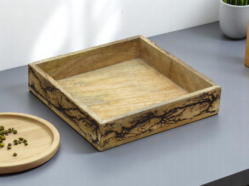 Woodino Mango Wood Serving Tray with Fractal Pattern, Handcrafted Decorative Wooden Tray for Serving, Home Décor, Restaurants & Photoshoots | Artistic Wood Fracking Design | Natural Finish
