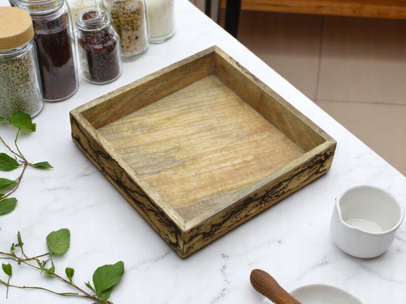 Woodino Mango Wood Serving Tray with Fractal Pattern, Handcrafted Decorative Wooden Tray for Serving, Home Décor, Restaurants & Photoshoots | Artistic Wood Fracking Design | Natural Finish