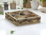 Woodino Mango Wood Fractal Burning Tray with 4 Serving Bowls | Handcrafted Multipurpose Wooden Tray Set for Snacks, Dry Fruits, Decor, Restaurants & Photoshoots | Natural Finish