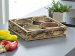 Woodino Mango Wood Fractal Burning Tray with 4 Serving Bowls | Handcrafted Multipurpose Wooden Tray Set for Snacks, Dry Fruits, Decor, Restaurants & Photoshoots | Natural Finish